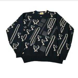 Vtg Brad Richards Crewneck Sweater Knit Black LEATHER ACCENT Retro Geometric